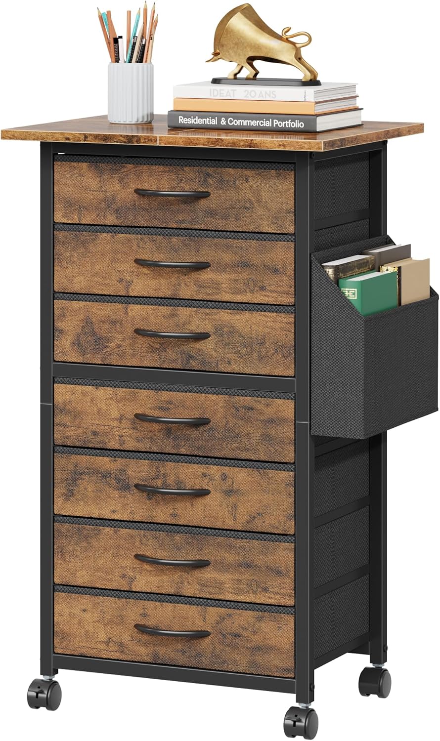 HIGDBFE 7 Fabric Drawers File Cabinet with Side Pocket, Rolling Printer Stand with Storage for Home Office, Wood Top Storage Cabinet for Documents and Crafts, Rustic Brown, 15" D