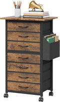 HIGDBFE 7 Fabric Drawers File Cabinet with Side Pocket, Rolling Printer Stand with Storage for Home Office, Wood Top Storage Cabinet for Documents and Crafts, Rustic Brown, 15" D