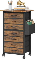 HIGDBFE 7 Fabric Drawers File Cabinet with Side Pocket, Rolling Printer Stand with Storage for Home Office, Wood Top Storage Cabinet for Documents and Crafts, Rustic Brown, 15" D