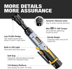 3/8" Cordless Ratchet Wrench Set, 60FT-LBS(80N.m) Electric Ratchet, 12V Extended Power Ratchet Wrench Set with Variable Speed, 6 Sockets, LED Light, 1/4" Adapter,1/2" Adapter,2 Batteries