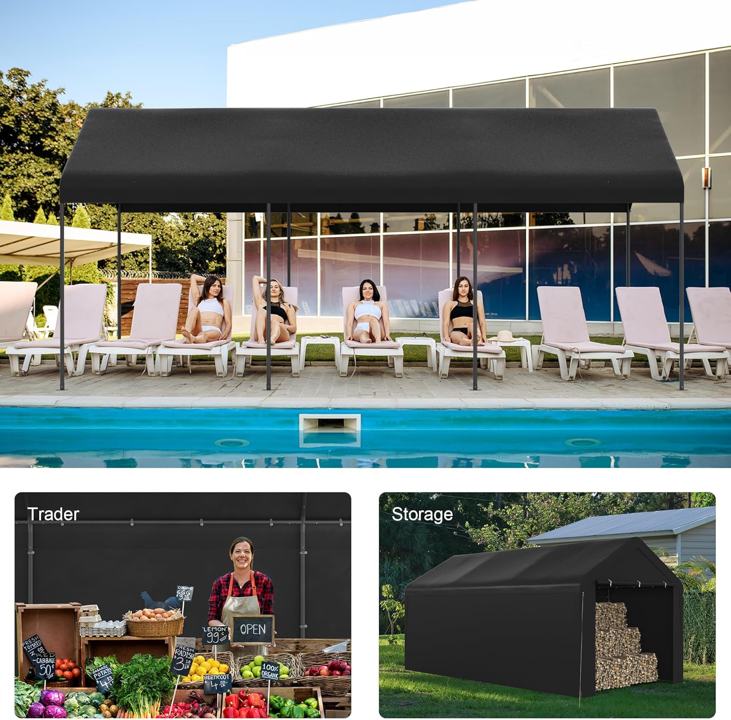 GOJOOASIS Carport Canopy Heavy Duty 10x20 ft Party Tent Portable Car Garage with Sidewalls (10 x 20 ft Black)