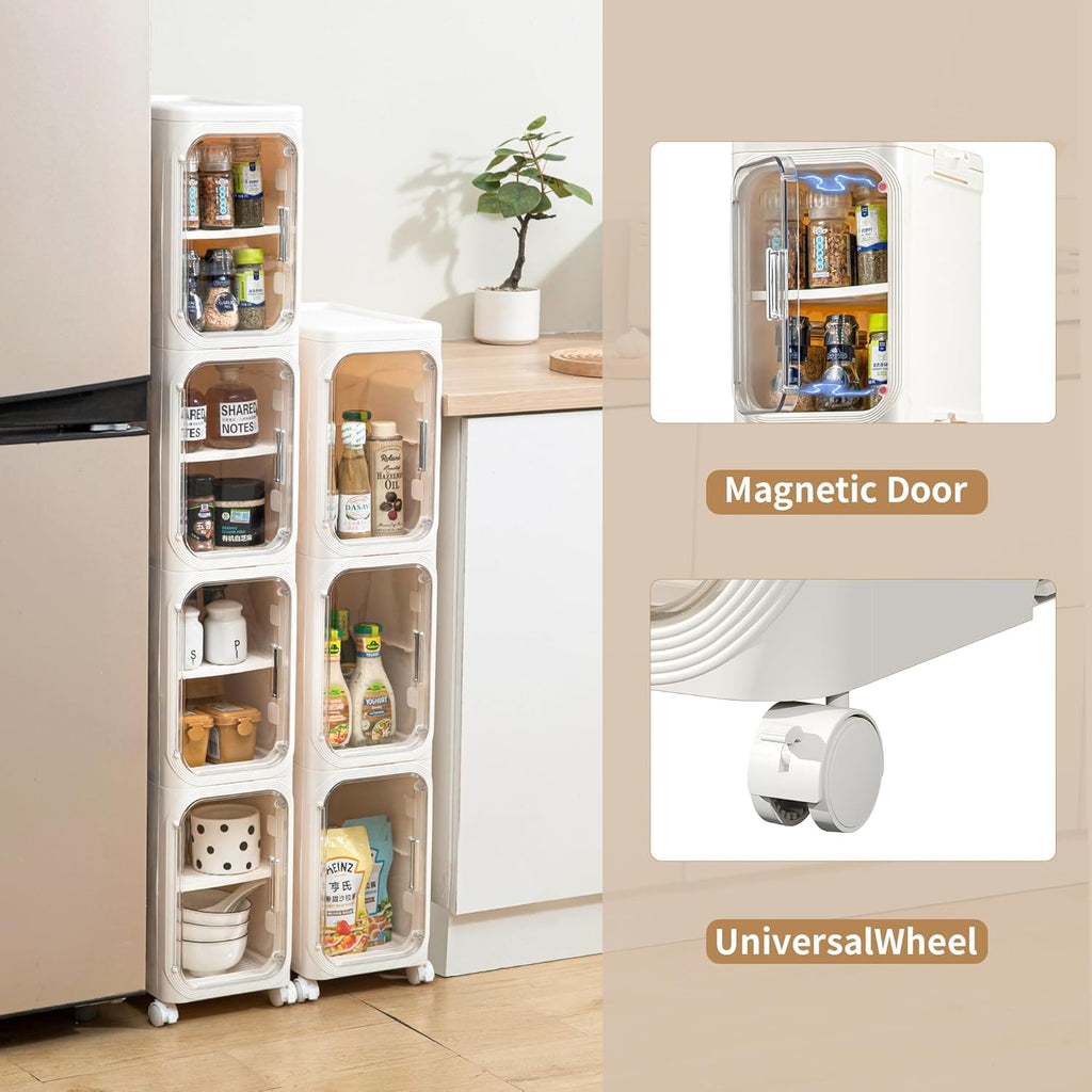 Narrow Bathroom Storage Cabinet with Wheels,5-Tier Plastic Slim Cabinets with Adjustable Shelves for Small Spaces,Bathroom, Kitchen, Cream White