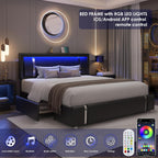 Keyluv Queen Bed Frame with RGB LED Lights Headboard & 2 Storage Drawers, Modern Upholstered Faux Leather Platform Bed with Iron Metal Decor, USB & USB-C Charging Ports, No Box Spring Needed, Black