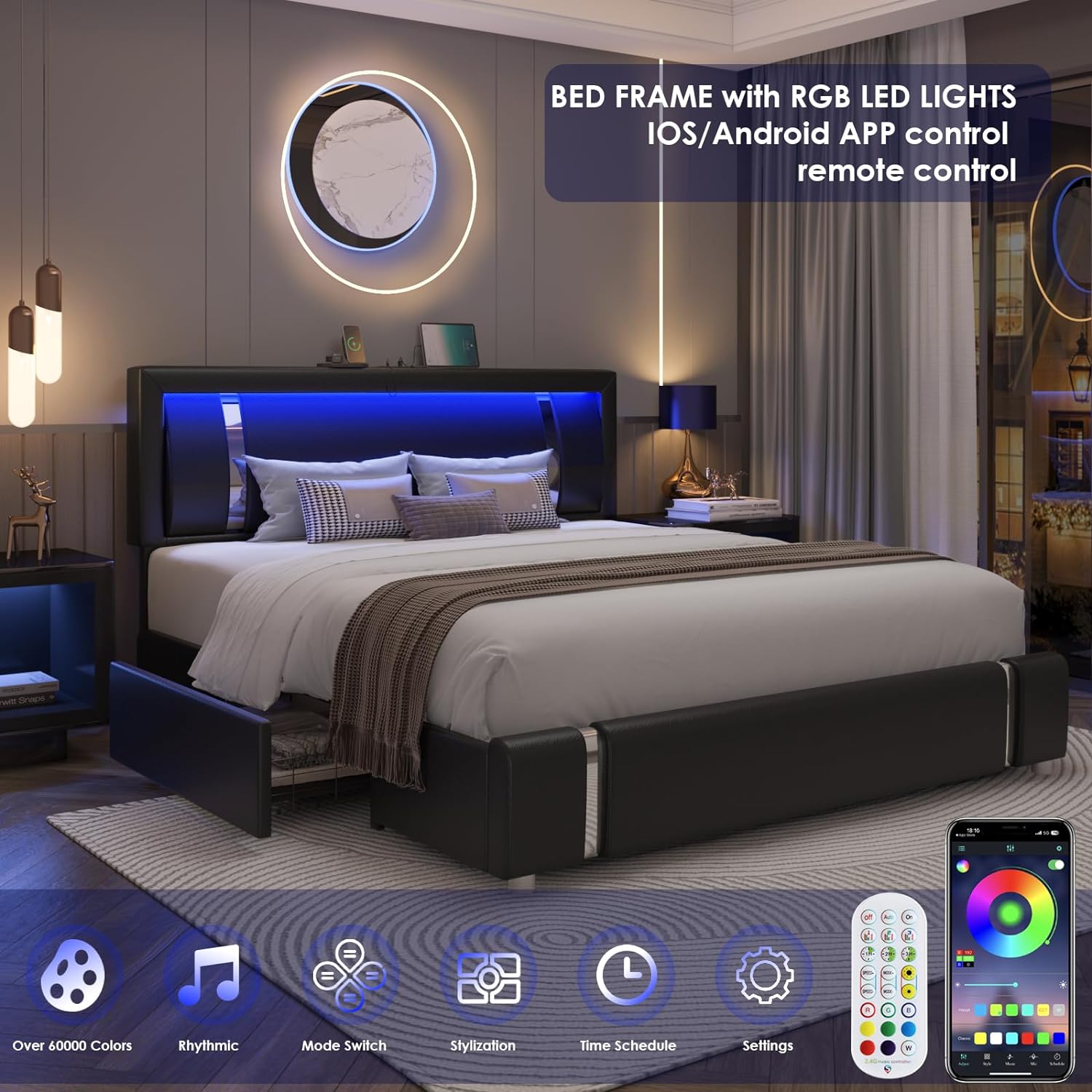Keyluv Queen Bed Frame with RGB LED Lights Headboard & 2 Storage Drawers, Modern Upholstered Faux Leather Platform Bed with Iron Metal Decor, USB & USB-C Charging Ports, No Box Spring Needed, Black