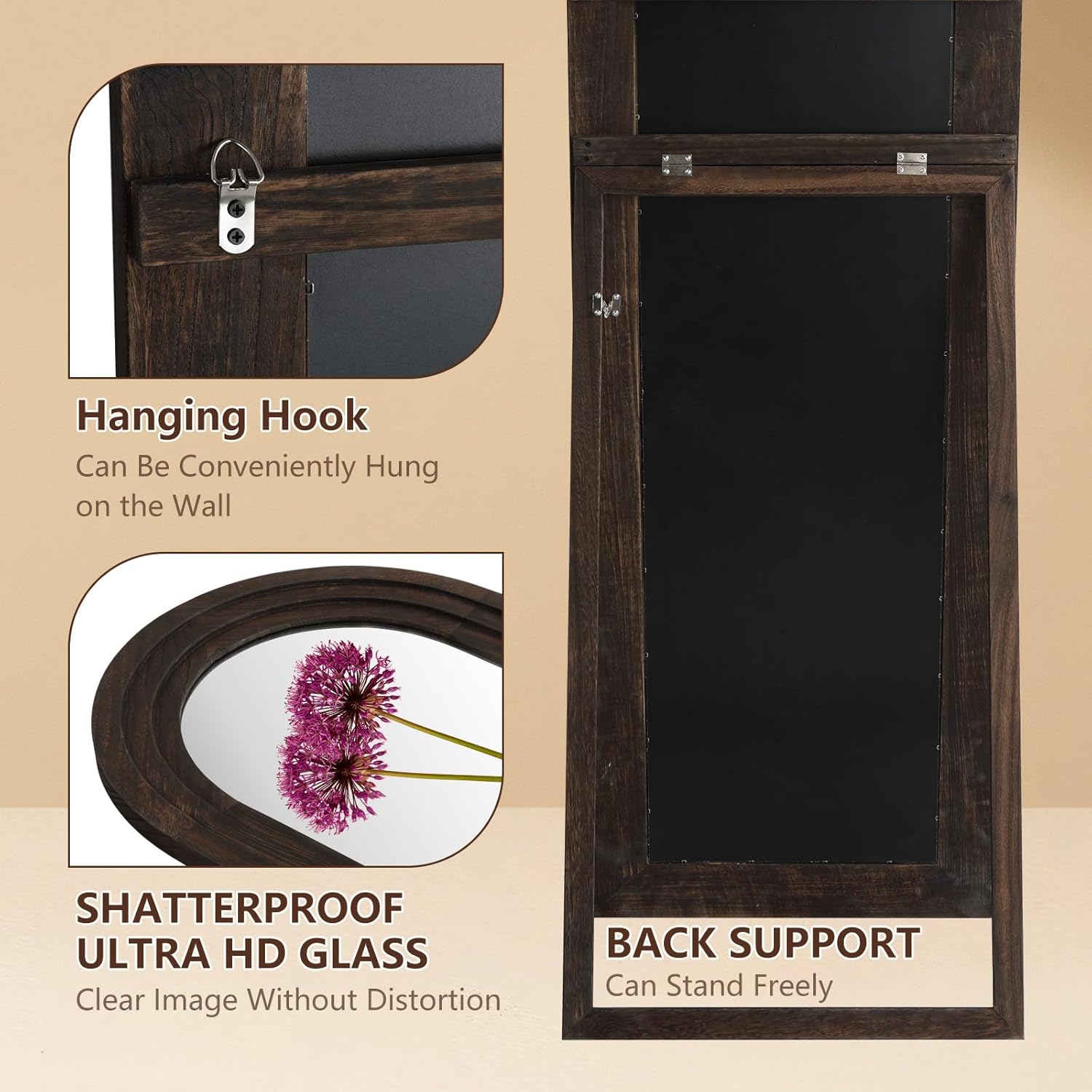 Rustic Standing Full Length Mirror Wood Frame, 71"X32" Large Arched Floor Mirror with Stand, Farmhouse Wood Mirror Full Length for Bedroom Living Room Entryway, Leaning or Wall Mounted, Brown