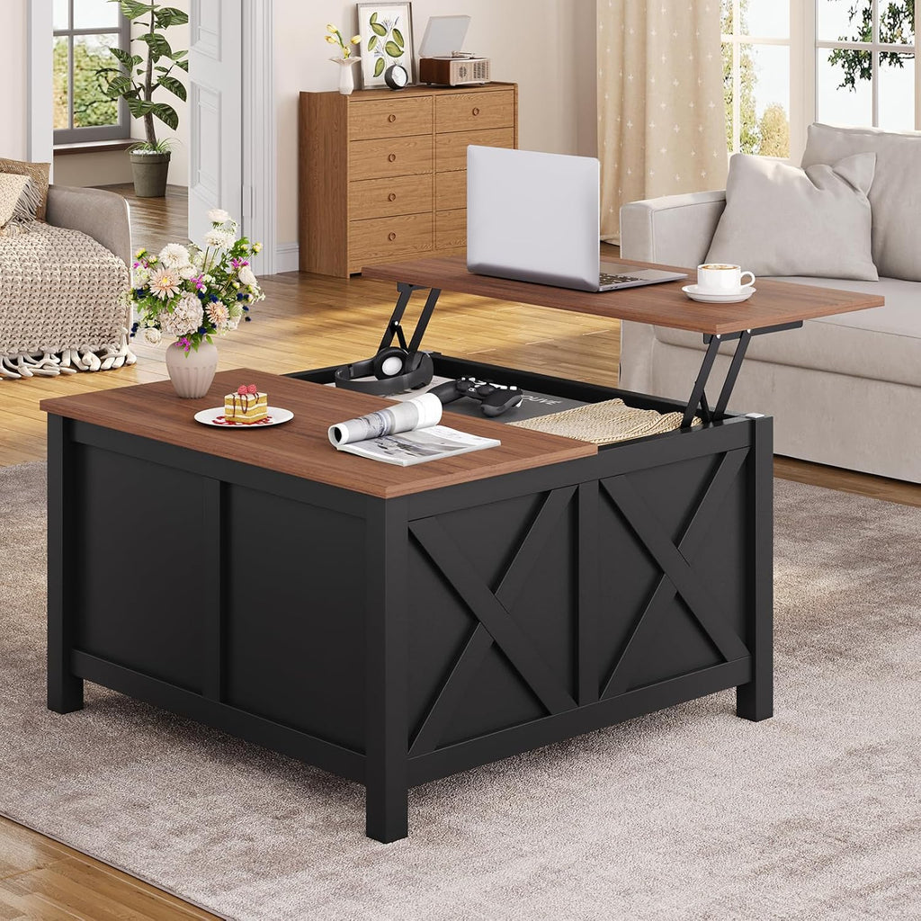 Lift Top Coffee Table with Storage, 31.5" Farmhouse Coffee Tables with Wooden Lift Tabletop and Hidden Compartment Square Center Table for Living Room, Small Space Home Office, Black