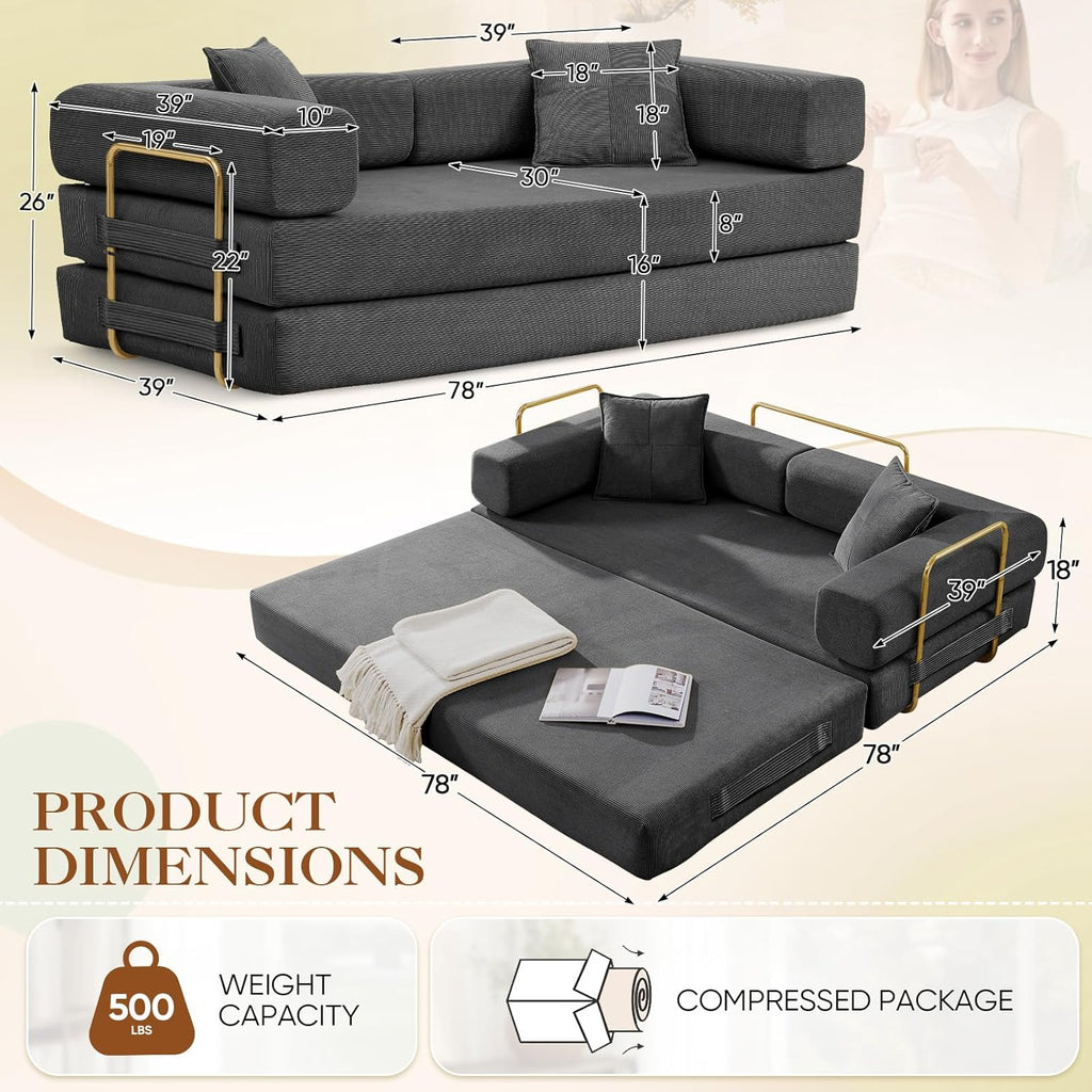 78" Convertible Futon Sofa Bed, 3-Seater Modern Corduroy Foam Floor King Size Bed Foldable Sleeper Lounge Loveseat Sofa Couch with 2 Throw Pillows for Living Room Bedroom Guest Room, Dark Grey