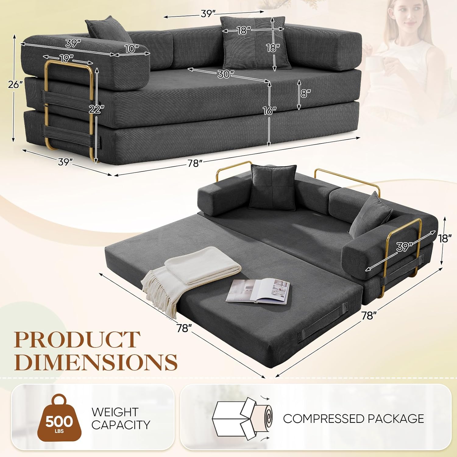 78" Convertible Futon Sofa Bed, 3-Seater Modern Corduroy Foam Floor King Size Bed Foldable Sleeper Lounge Loveseat Sofa Couch with 2 Throw Pillows for Living Room Bedroom Guest Room, Dark Grey