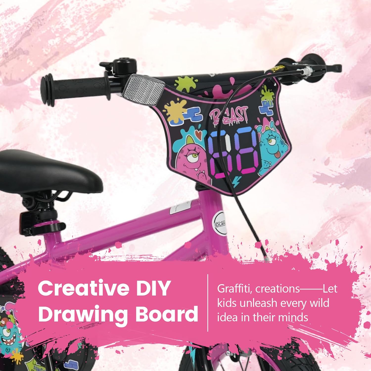 Olakids Kids Bike, 12 14 16 18 Inch BMX Style Toddlers Bike with DIY Drawing Board Training Wheels Adjustable Seat Coaster Brake Handbrake Safety Bell for Boys Girls