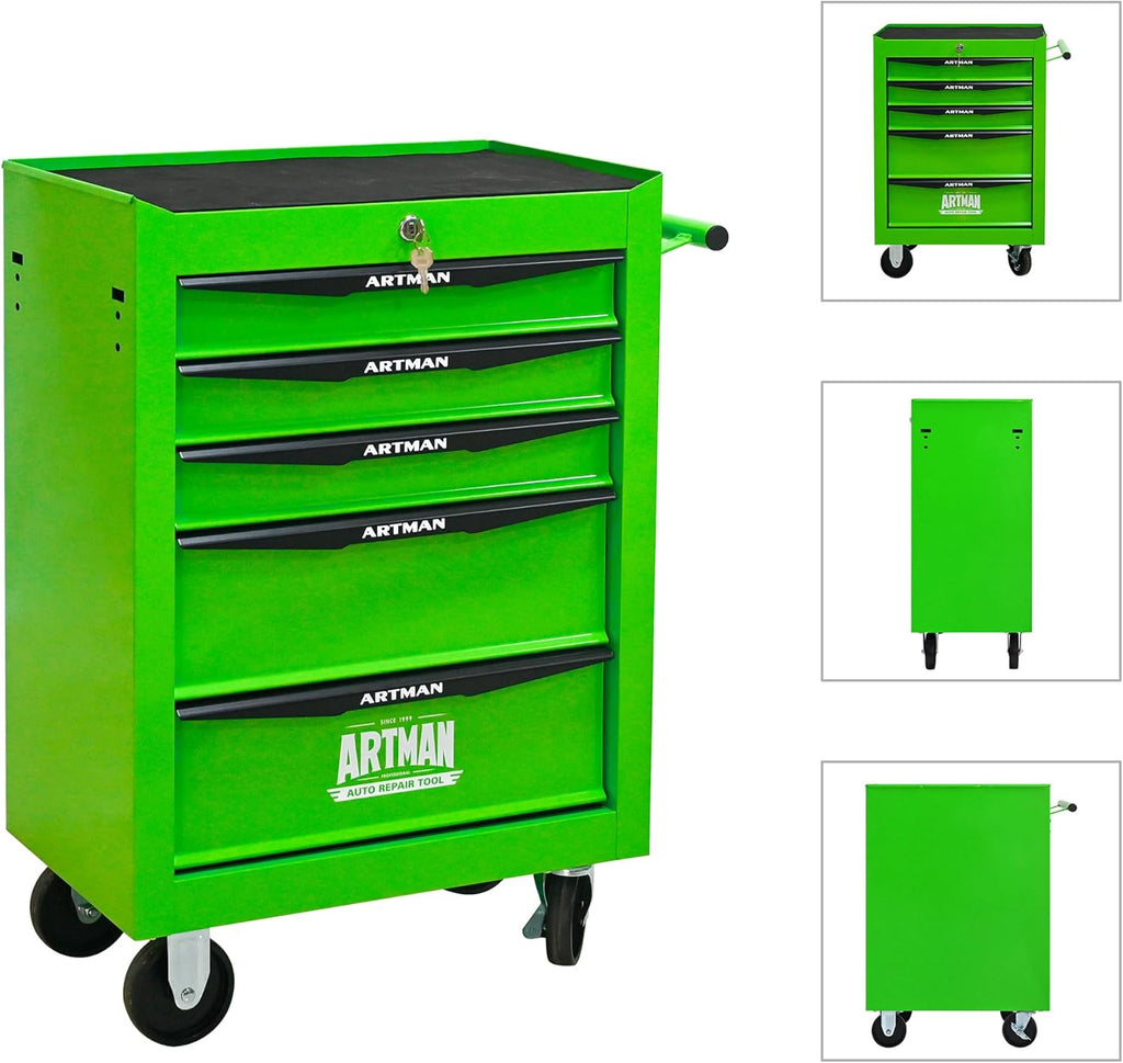 5 Drawers Tool Cart on Wheels, Multifunctional Rolling Tool Chest, Drawers Mobile Trolley Organizer Heavy Duty Tools Box with Locking Wheels & Ball Bearing Drawers (Green, 5 Drawers)