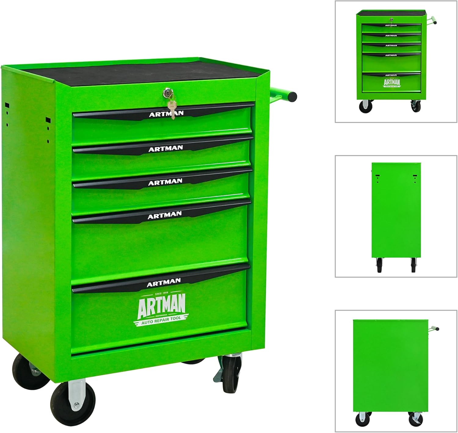 5 Drawers Tool Cart on Wheels, Multifunctional Rolling Tool Chest, Drawers Mobile Trolley Organizer Heavy Duty Tools Box with Locking Wheels & Ball Bearing Drawers (Green, 5 Drawers)