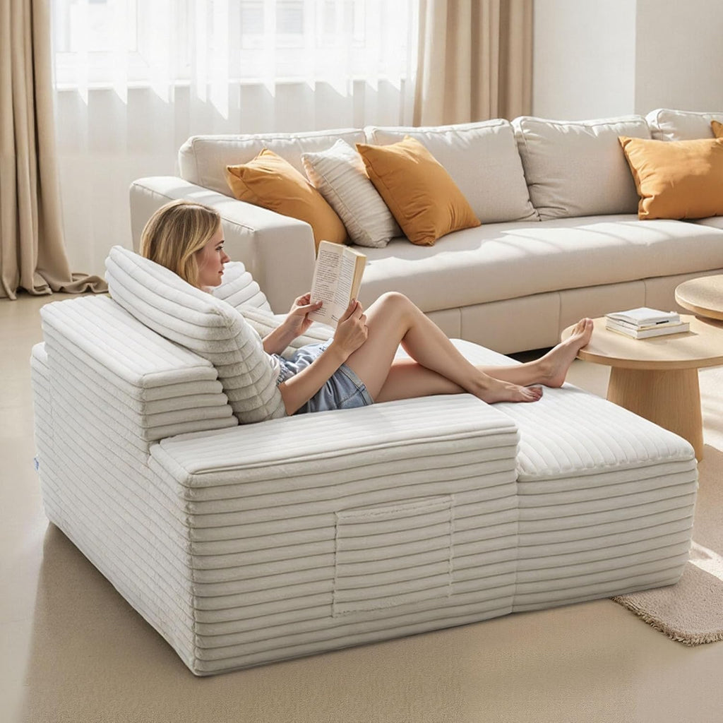 VEVOR Oversized Chaise Lounge Chair, 54" Boneless Chaise Lounge Indoor, Modern Upholstered Reading Chair with Throw Pillows & Armrests, Sofa Couch Deep Seat Sleeper for Living Room, Bedroom, Beige