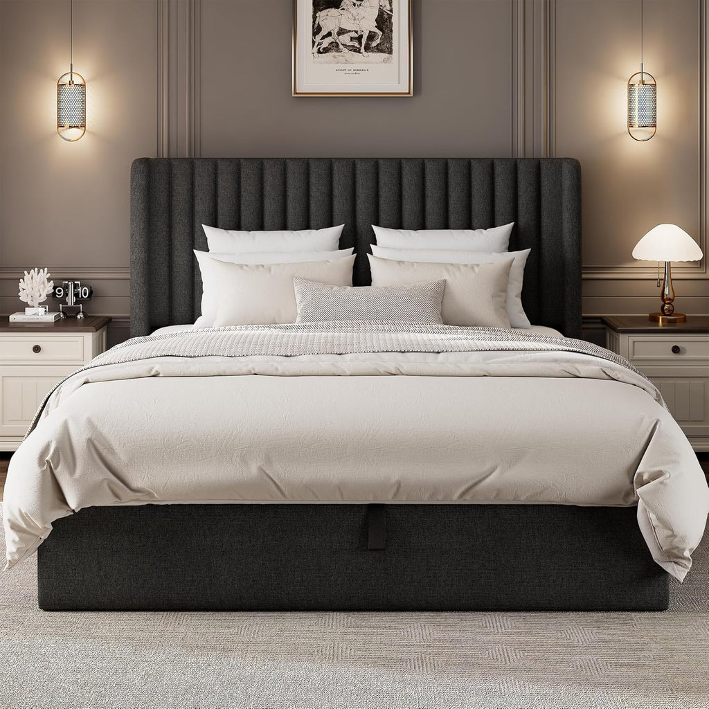 Queen Size Lift Up Storage Bed Frame with Wingback Headboard, Linen Upholstered Platform Bed with 10.8" Underneath Hydraulic Storage, Wooden Slats Support, No Box Spring Needed, Dark Gray