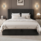 Queen Size Lift Up Storage Bed Frame with Wingback Headboard, Linen Upholstered Platform Bed with 10.8" Underneath Hydraulic Storage, Wooden Slats Support, No Box Spring Needed, Dark Gray