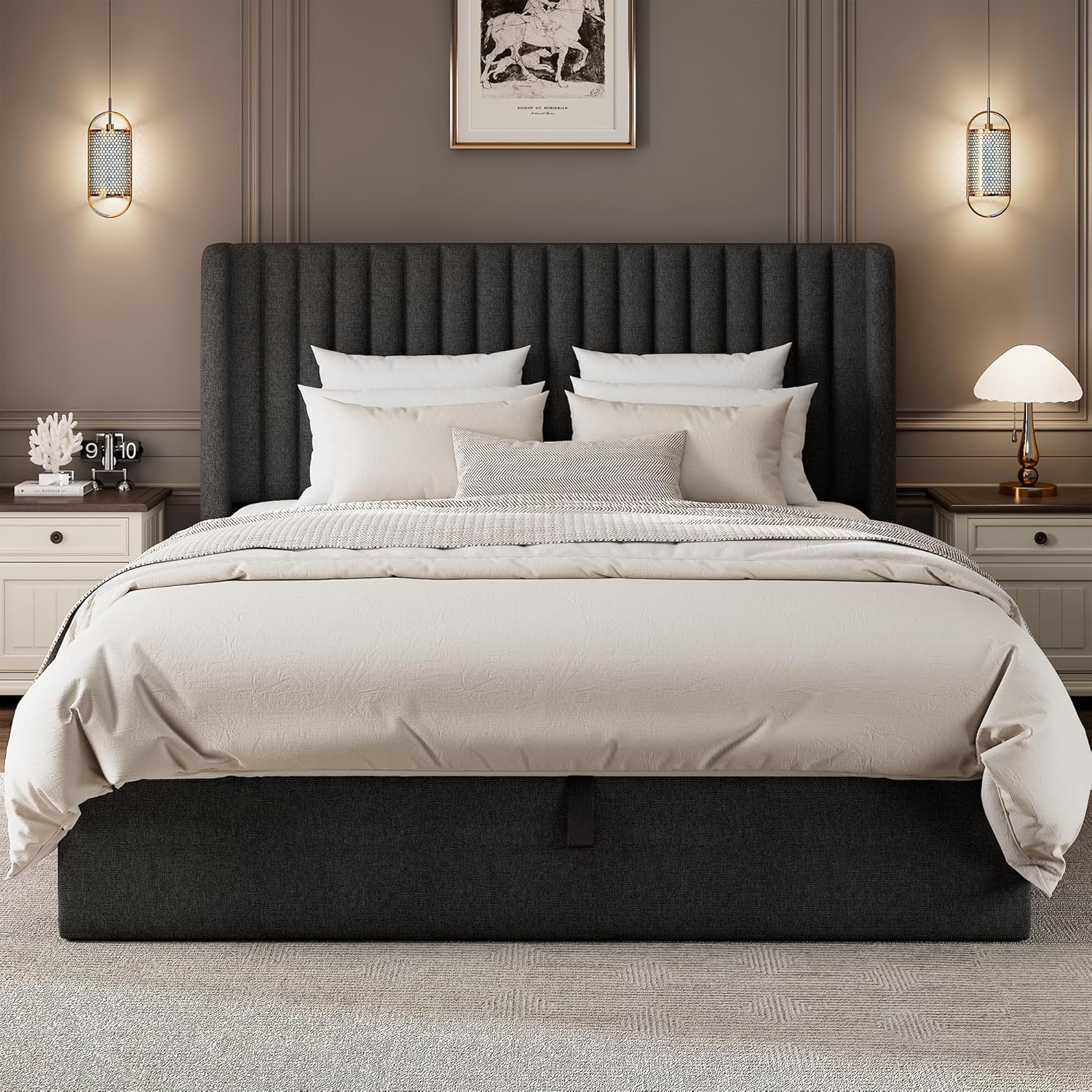 Queen Size Lift Up Storage Bed Frame with Wingback Headboard, Linen Upholstered Platform Bed with 10.8" Underneath Hydraulic Storage, Wooden Slats Support, No Box Spring Needed, Dark Gray