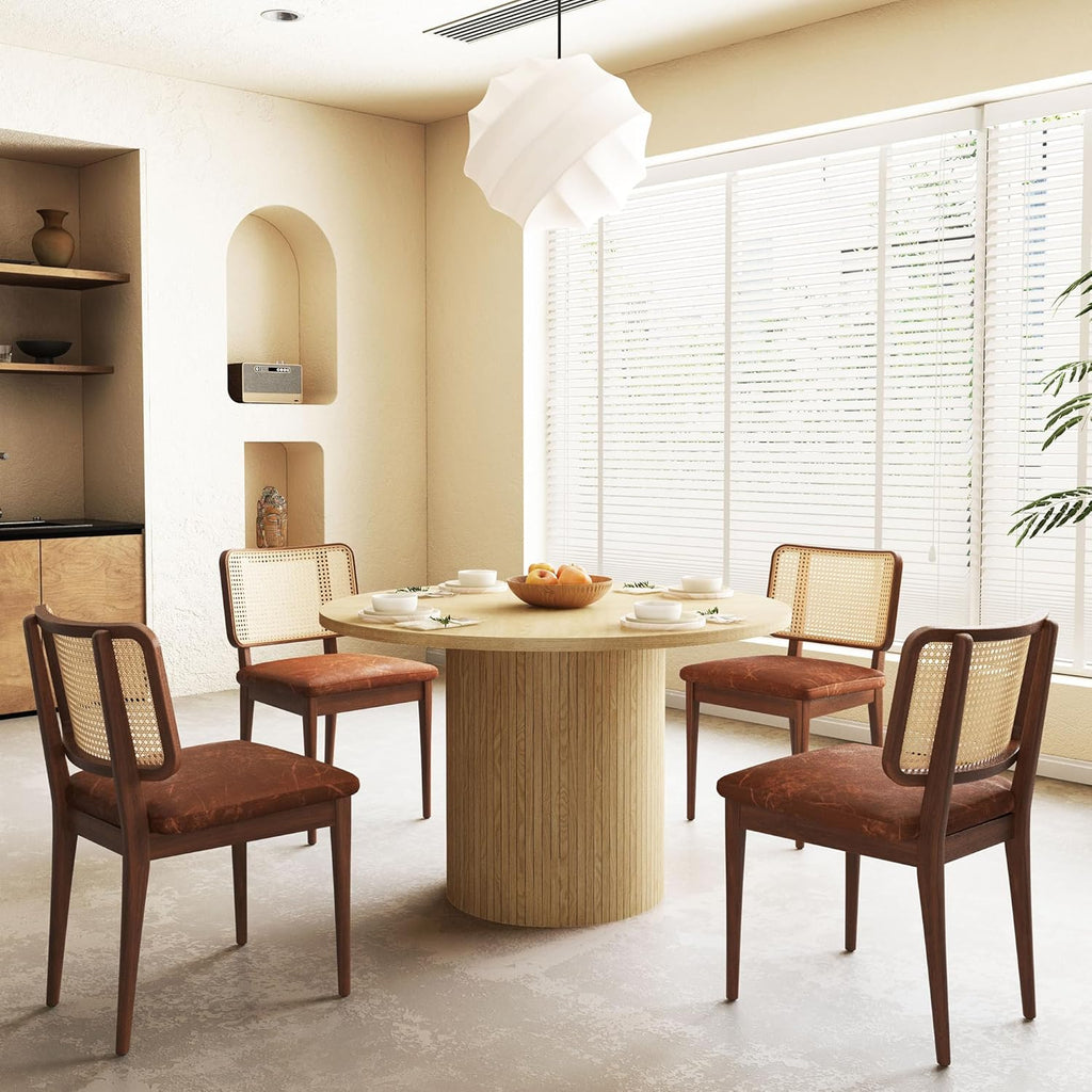 47 Inch Round Dining Table, Farmhouse Fluted Dining Kitchen Table, Modern Wood Small Circle Dining Table for Kitchen Living Room, Natural