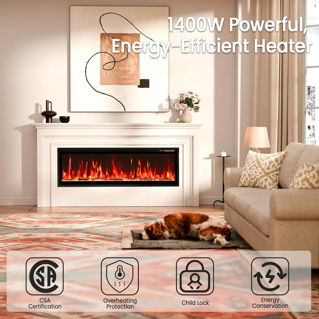 60” Smart Electric Fireplace with Voice Control, Realistic Flame, Crackling Sound, Wall Mounted or Recessed Fireplace Insert, App/Remote Control, Logs & Crystals Included for Living Room, Bedroom