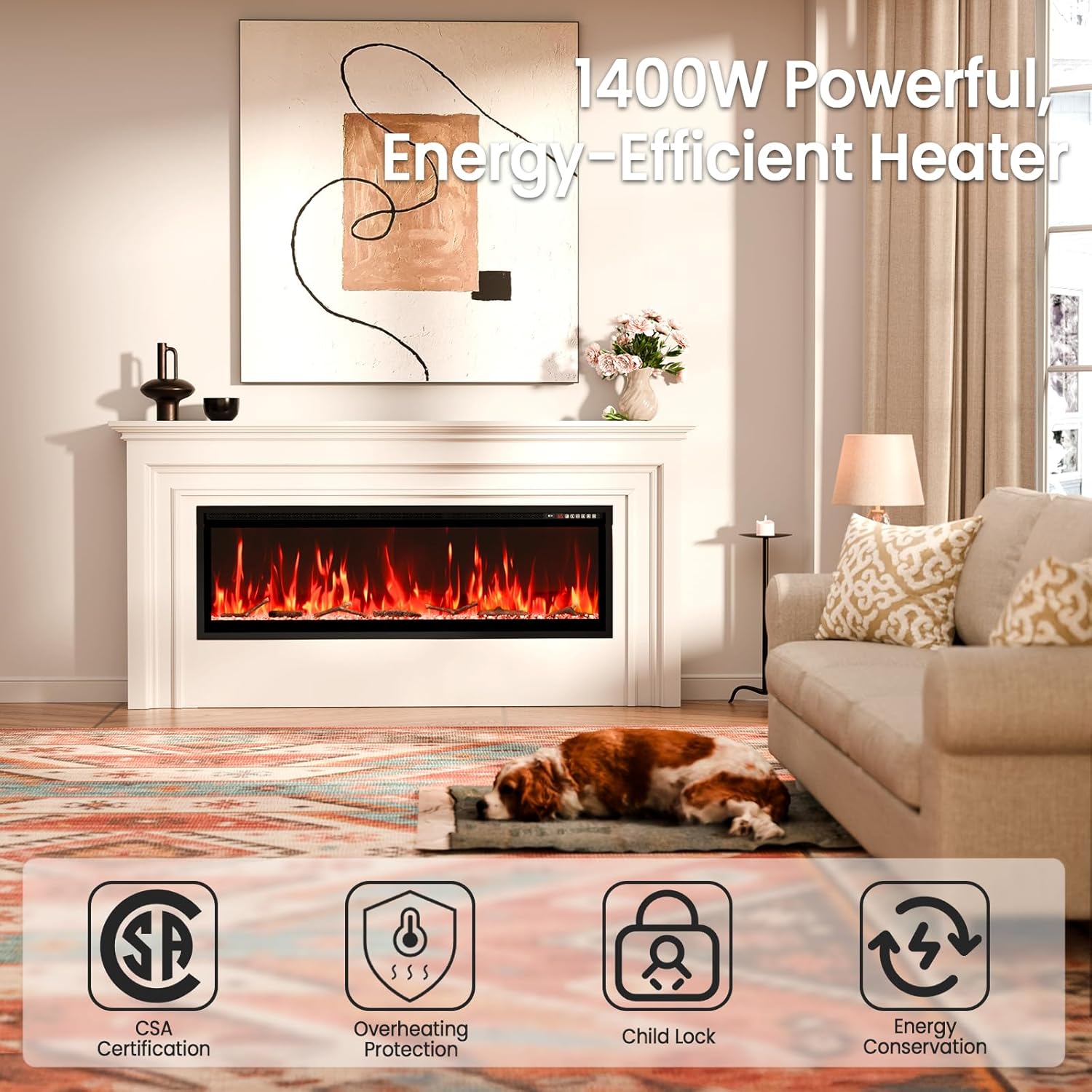 60” Smart Electric Fireplace with Voice Control, Realistic Flame, Crackling Sound, Wall Mounted or Recessed Fireplace Insert, App/Remote Control, Logs & Crystals Included for Living Room, Bedroom