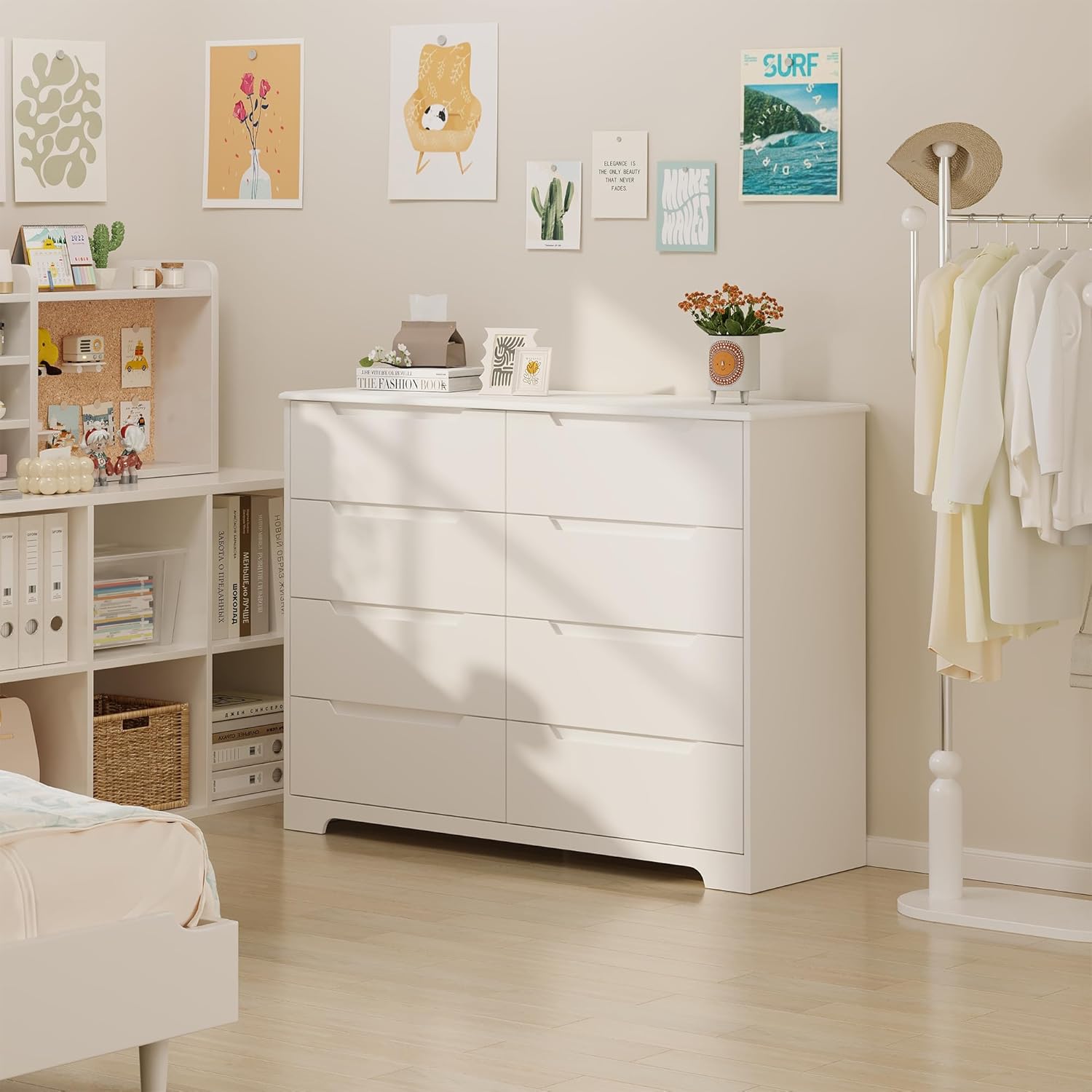 Gizoon 8 Drawer Dresser, 47" Wide White Dresser for Bedroom with Cut-Out Handles, Modern Wooden Chest of Drawers with Anti-Tip Kit, for Living Room, Hallway, Entryway, Home Office