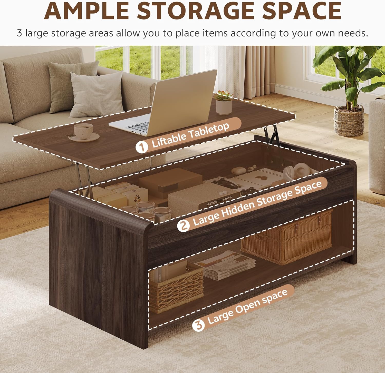 Coffee Table Lift Top, 35 Inch Modern Coffee Table with Hidden Compartment & Open Shelf, Curved Profile Design, Converts to Home Office Table, Center Table for Living Room, Walnut