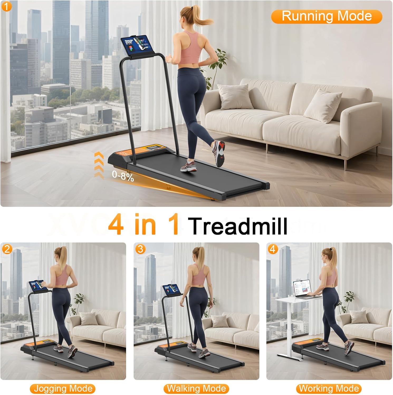 HOELLL Treadmills for Home Small with 0%-8% Incline and APP Sync, Compact Under Desk Walking Treadmill Pad with Handle Bar Removable, Remote Control and LED Display, 2.5HP