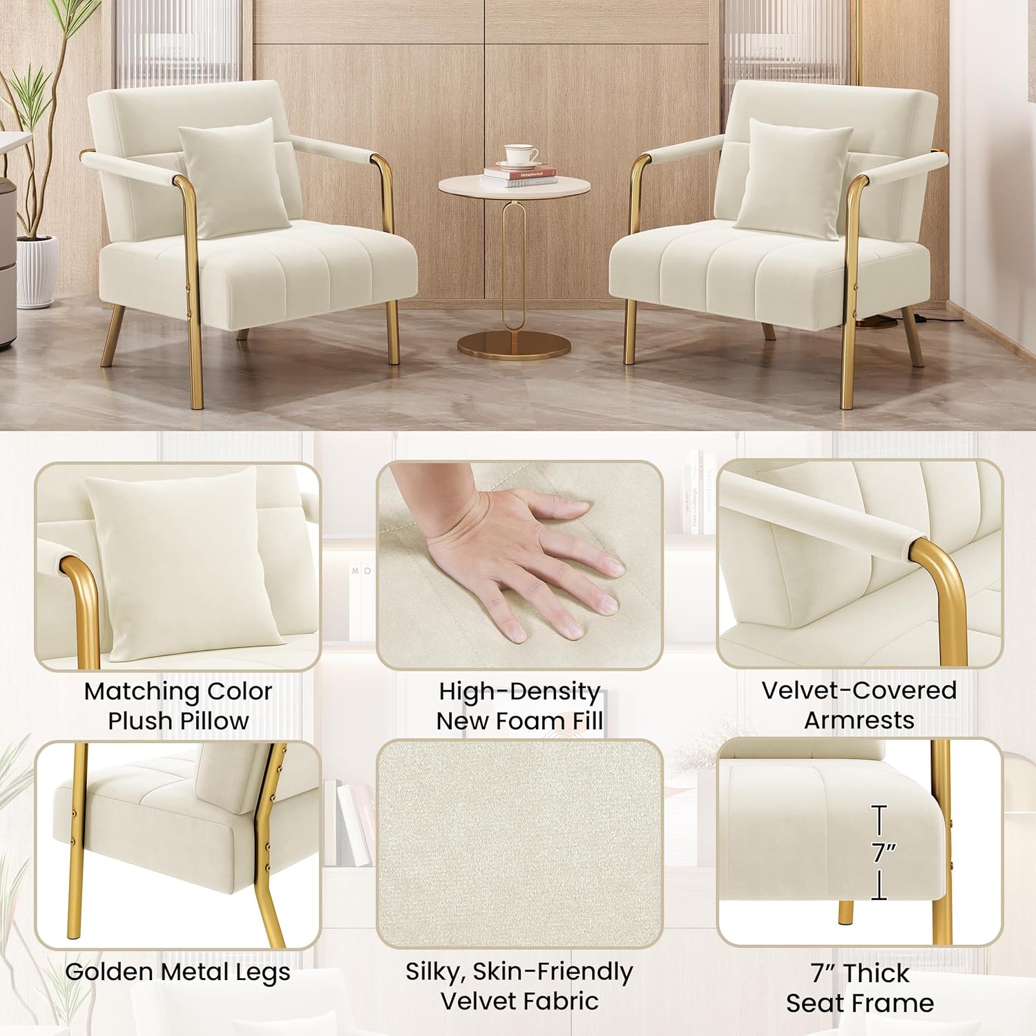 Yaheetech 30" W Modern Sofa Small Sofa Luxurious Velvet Fabric Couch with Gold-Tone Metal Arms and Legs for Living Room, Home Office, Studio Beige