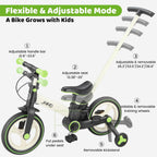 JMMD 6 in 1 Toddler Bike with Push Handle for Kids 18-60 Months, 12" Foldable Balance Bike with Training Wheels, Pedals, Brakes, Kickstand, Push Tricycle Toddler Gift & Toys for Boy & Girl