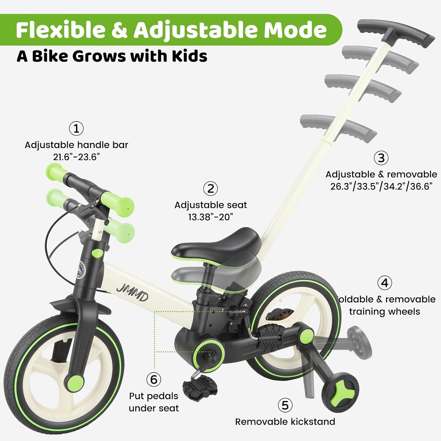 JMMD 6 in 1 Toddler Bike with Push Handle for Kids 18-60 Months, 12" Foldable Balance Bike with Training Wheels, Pedals, Brakes, Kickstand, Push Tricycle Toddler Gift & Toys for Boy & Girl