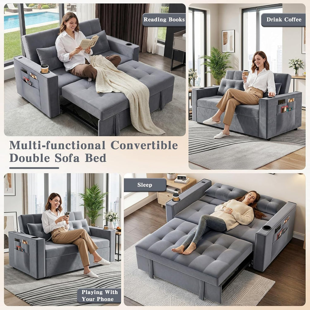 3-in-1 Pull Out Sofa Bed with Charging Station, Cup Holder & Side Storage - 70" Multi-Functional Recliner Sofa Bed for Home Living Room Grey 2