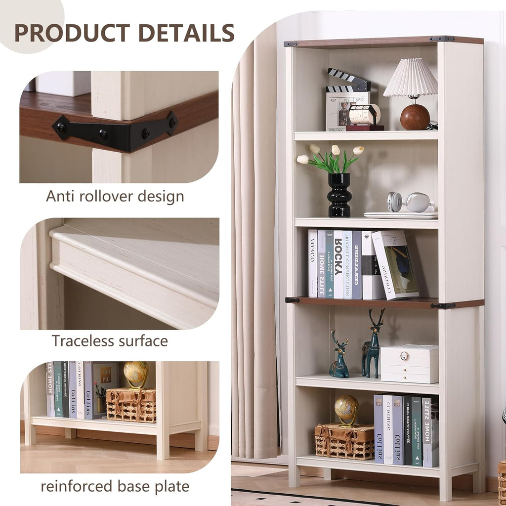 71" Tall Bookshelf, 5-Tier Farmhouse Bookcase, Free Standing Display Shelf & Storage Organizer for Living Room, Home Office, Bedroom,Antique White.