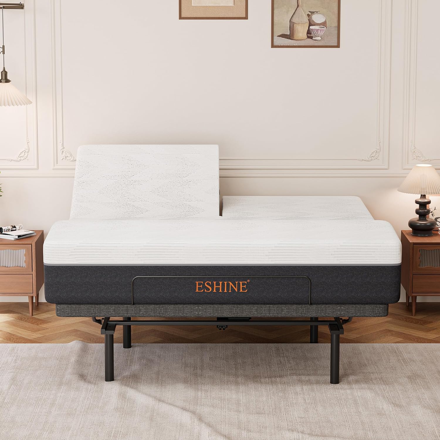 ESHINE Split Top King Adjustable Bed Frame with 14" Gel Memory Foam Mattress, Graphene Cover - Electric Upholstered Base, Massage Function, Wireless Remote, USB Ports, Under Bed Light, Grey