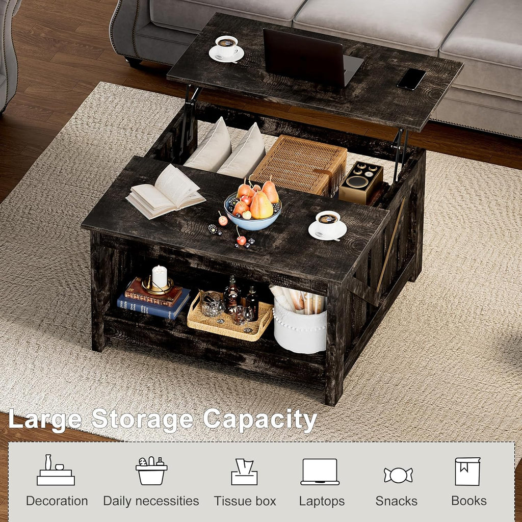 FABATO Lift Top Coffee Table, 31.5" Farmhouse Coffee Tables with Storage, Small Square Cocktail Tables, Wood Central Table for Living Room, Meeting Room, Black Oak
