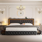 Queen Bed Frame with 4 Storage Drawers, Velvet Upholstered Bed Frame Queen Size with Charging Station and LED Lights, 46" Adjustable Button Tufted Headboard, No Box Spring Needed, Grey