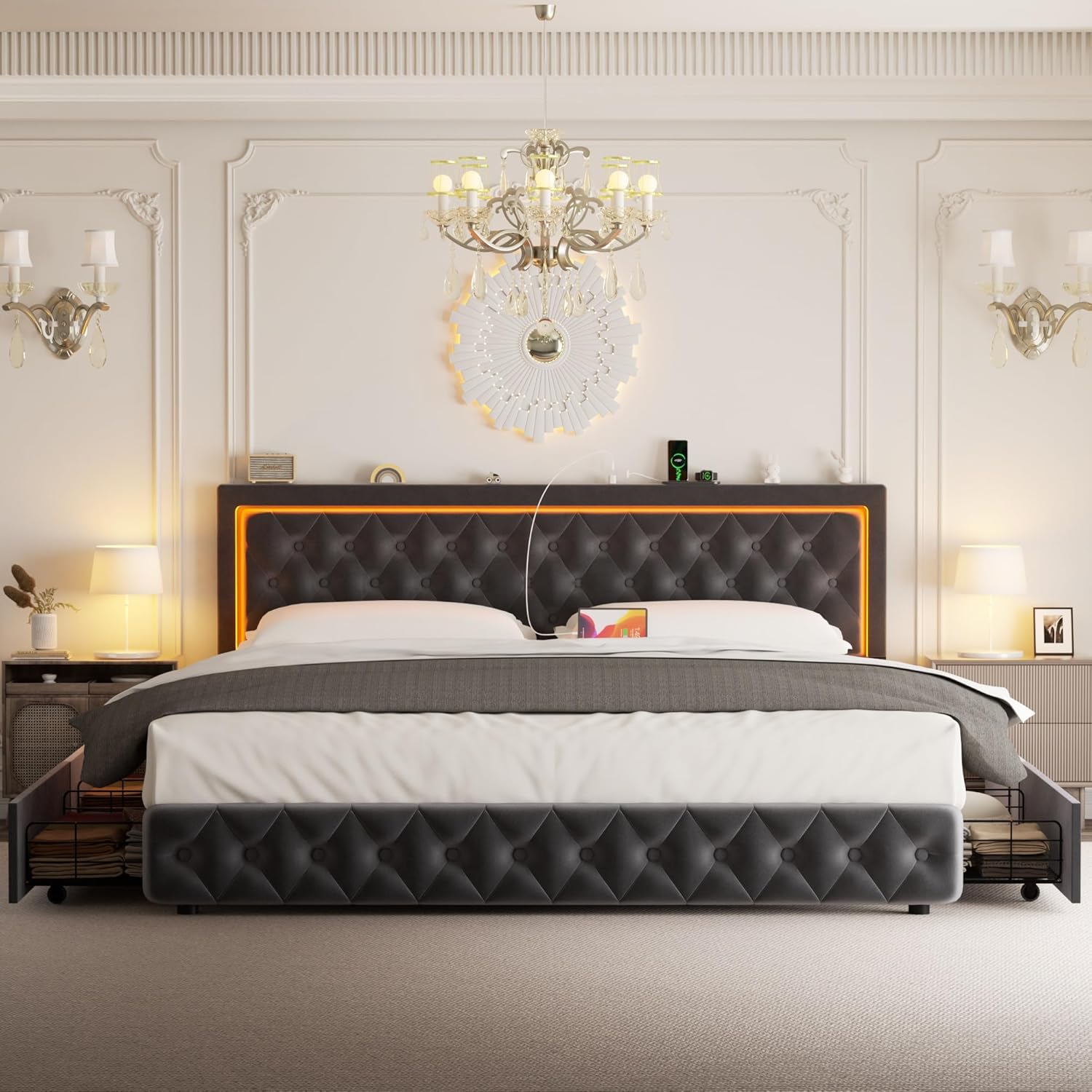 Queen Bed Frame with 4 Storage Drawers, Velvet Upholstered Bed Frame Queen Size with Charging Station and LED Lights, 46" Adjustable Button Tufted Headboard, No Box Spring Needed, Grey