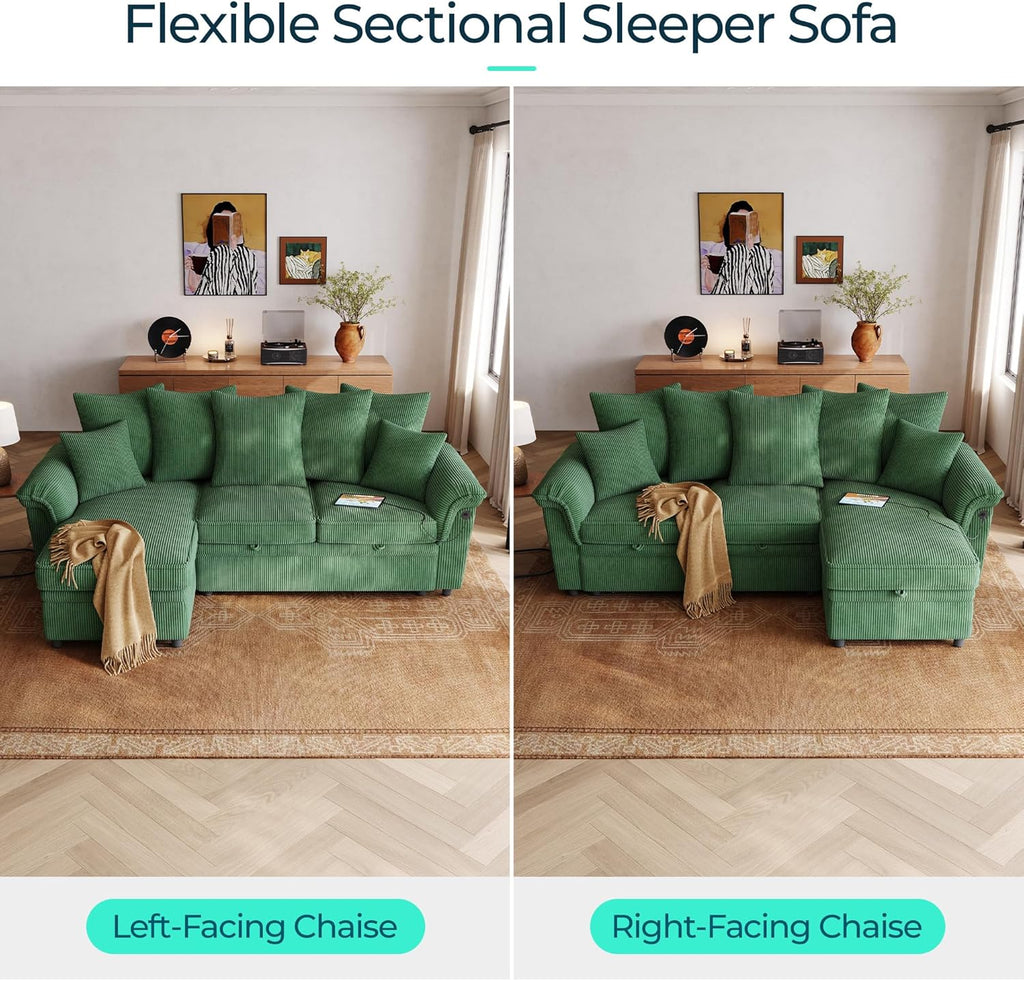 LINSY HOME 90.5'' Sectional Sleeper Sofa with Pull Out Couch Bed Modular (Green, 90.5'') | USB Charging, Pillow-style Armrest, Multiple Cushions, Storage Chaise, Corduroy Fabric