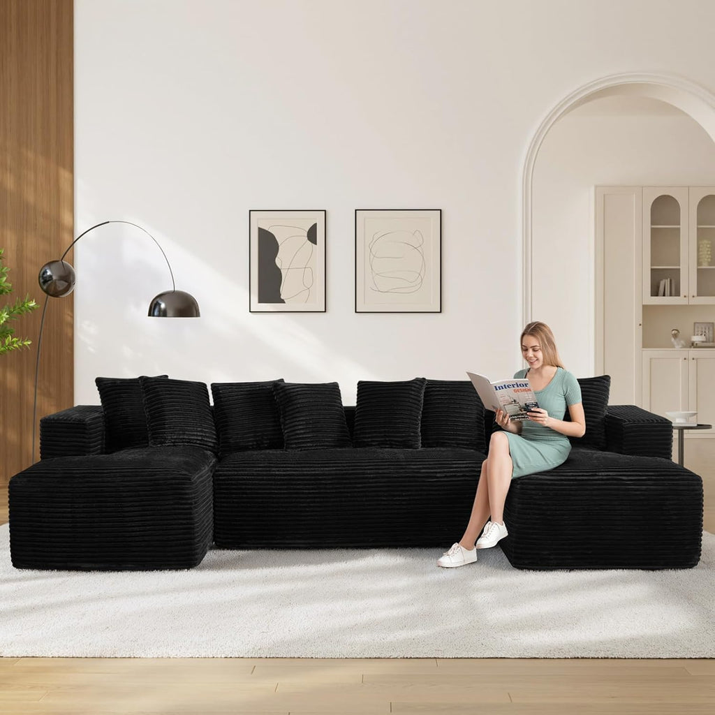 131" Oversized U Shaped Cloud Sectional Couches for Living Room, Comfy Fluffy Corduroy Black Boneless Sectionals Couch, Plush Memory Foam Modular Sectional Sofa with Double Chaise- 20" High Seat