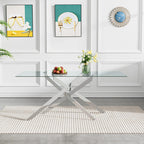 Modern Dining Table for 6 People, 60" Rectangle Dining Room Table with Silver Chrome Metal X-Base, Rectangular Tempered Glass Dining Table, Kitchen Dining Room Tables Luxury Dinner Table