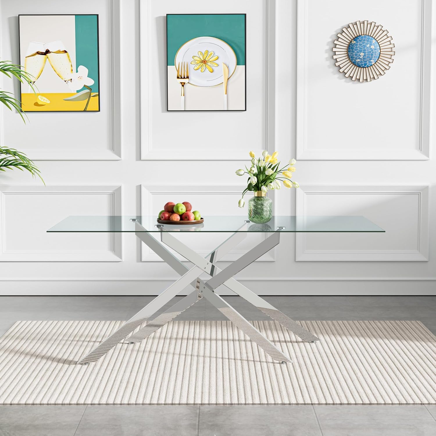 Modern Dining Table for 6 People, 60" Rectangle Dining Room Table with Silver Chrome Metal X-Base, Rectangular Tempered Glass Dining Table, Kitchen Dining Room Tables Luxury Dinner Table