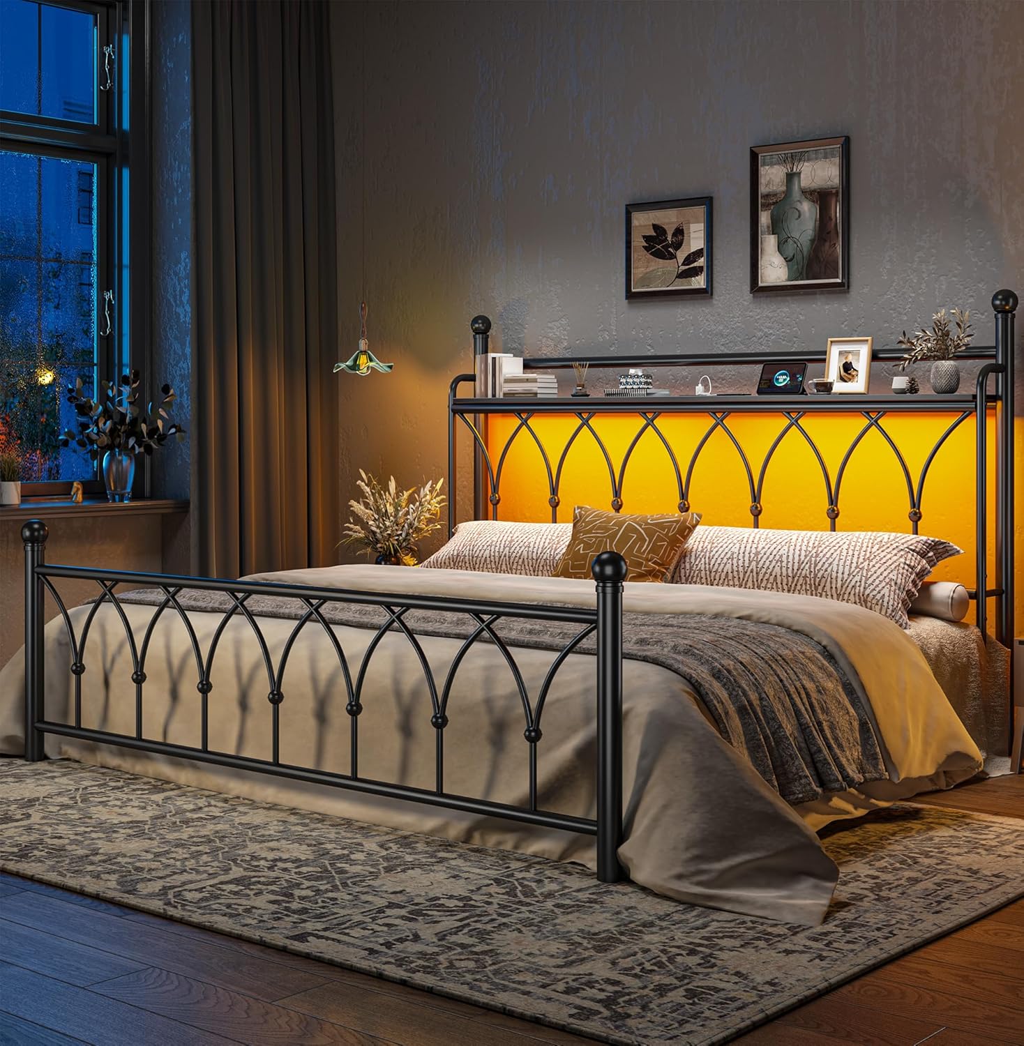 EnHomee 54" King Bed Frame with Tall Storage Headboard, Metal King Size Bed Frame with LED Lights and Power Outlets, Sturdy & Noise-Free, Metal Slats, No Box Spring Needed, Black