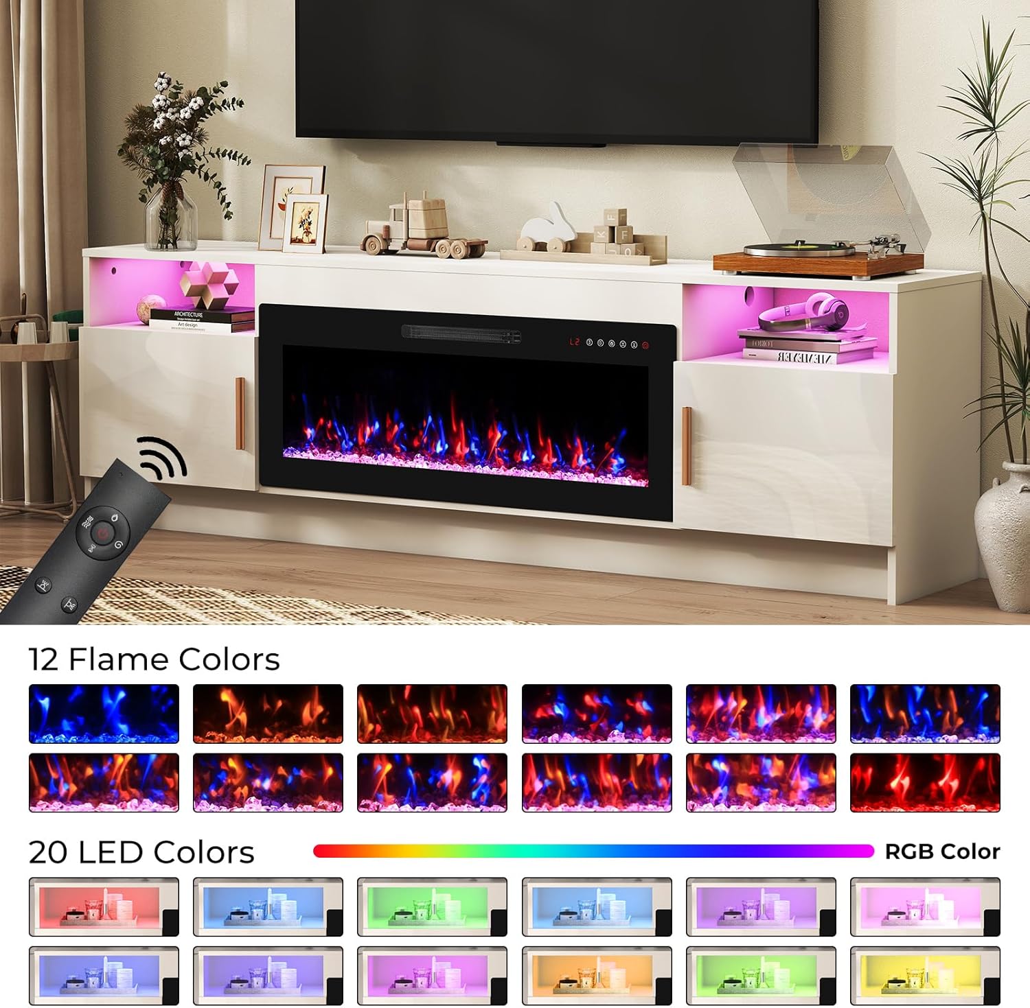 70" Electric Fireplace TV Stand for TVs Up to 80", LED Light Media Console with 36" Electric Heater, Storage Cabinet, Entertainment Center for Living Room, White