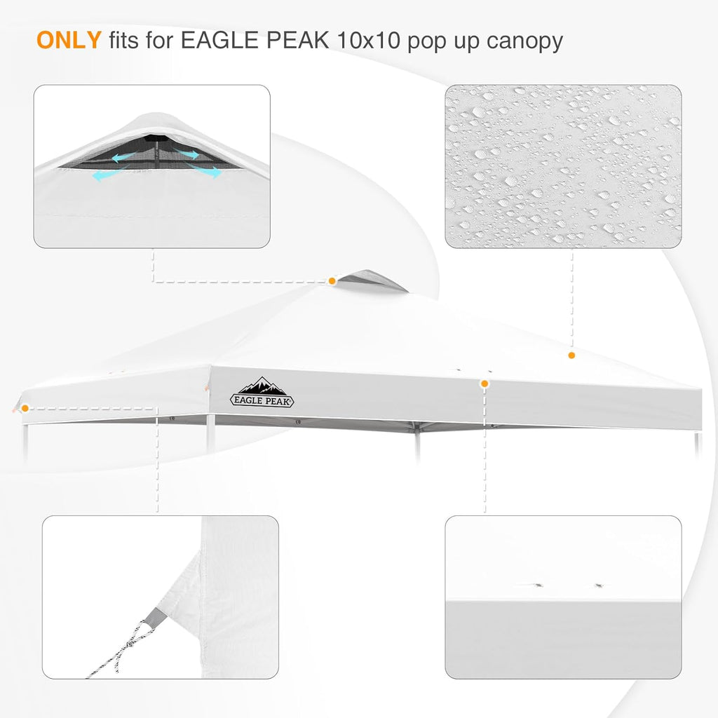 EAGLE PEAK Replacement Canopy Top for Eagle Peak 10x10 Straight Leg Pop Up Canopy Frame Only, Canopy Cover with Air Vent, UPF 50+, Frame NOT Included, White