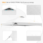 EAGLE PEAK Replacement Canopy Top for Eagle Peak 10x10 Straight Leg Pop Up Canopy Frame Only, Canopy Cover with Air Vent, UPF 50+, Frame NOT Included, White