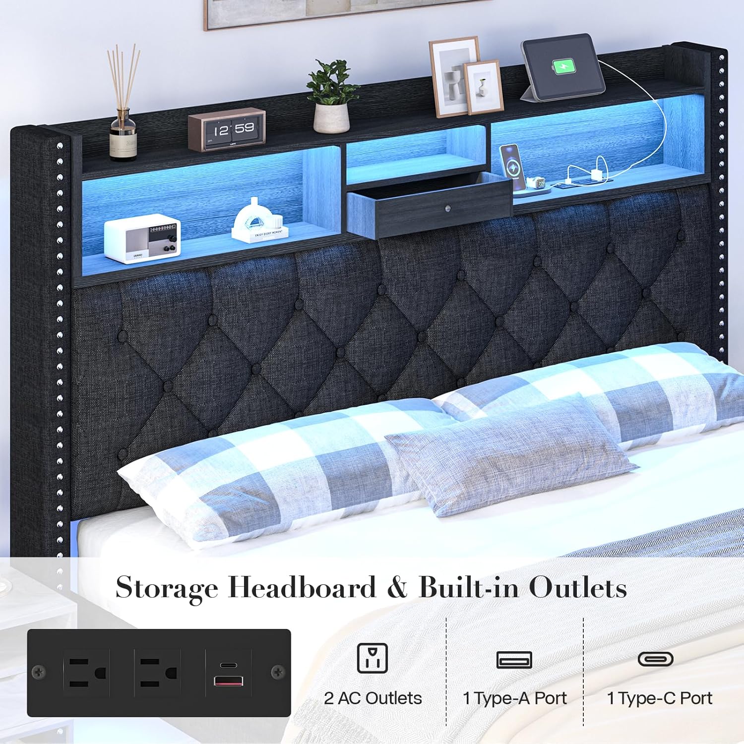 Linen Full Size Bed Frame with 2-Tier Storage Headboard and Charging Station, Upholstered Platform Bed Frames with 2 Storage Drawers, Wooden Slats Support, No Box Spring Needed, Black