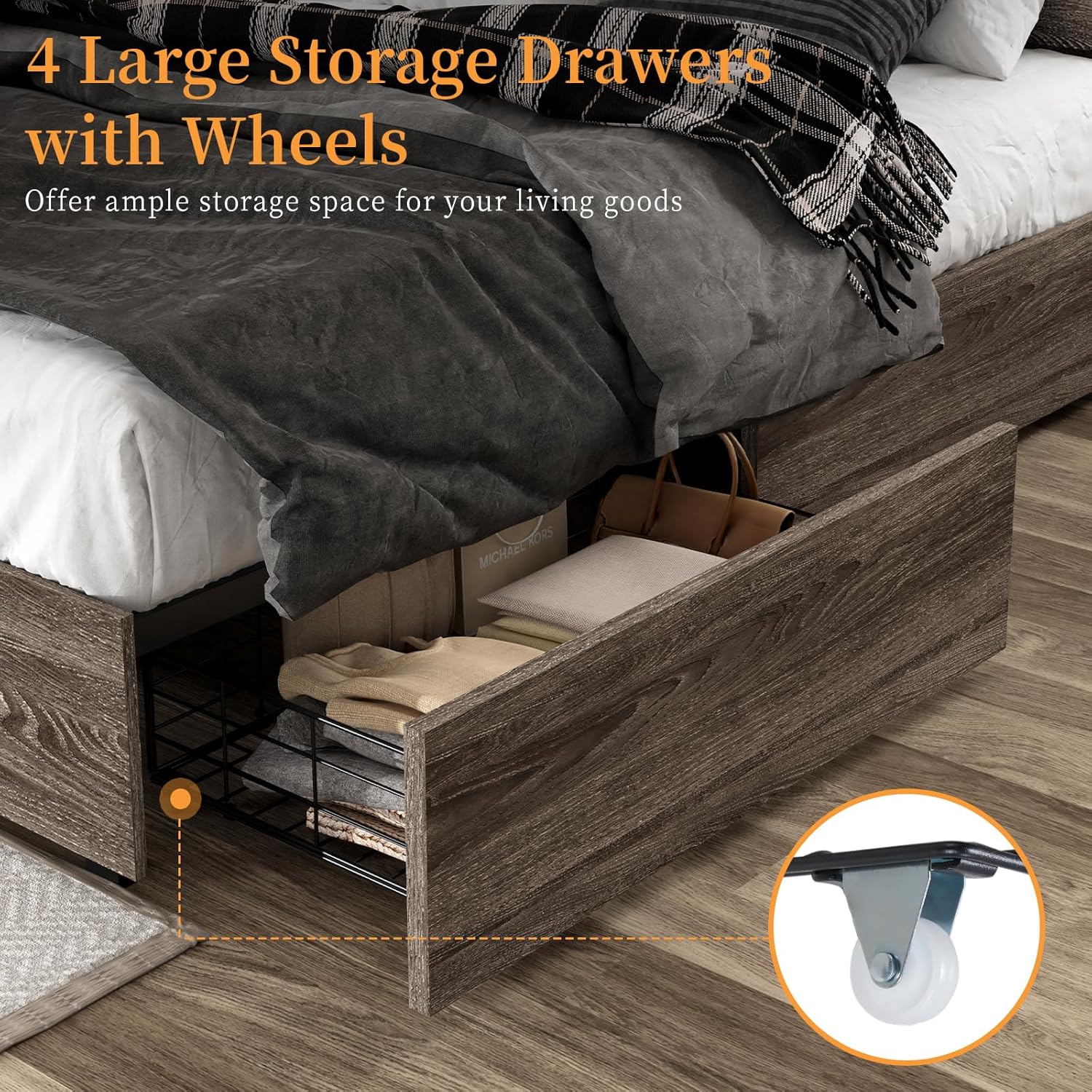 Queen Size Bed Frame with LED Bookcase Headboard, Wooden Storage Bed with Charging Station & 4 Drawers, No Box Spring Needed/Noise-Free/Rustic Grey