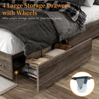 Queen Size Bed Frame with LED Bookcase Headboard, Wooden Storage Bed with Charging Station & 4 Drawers, No Box Spring Needed/Noise-Free/Rustic Grey