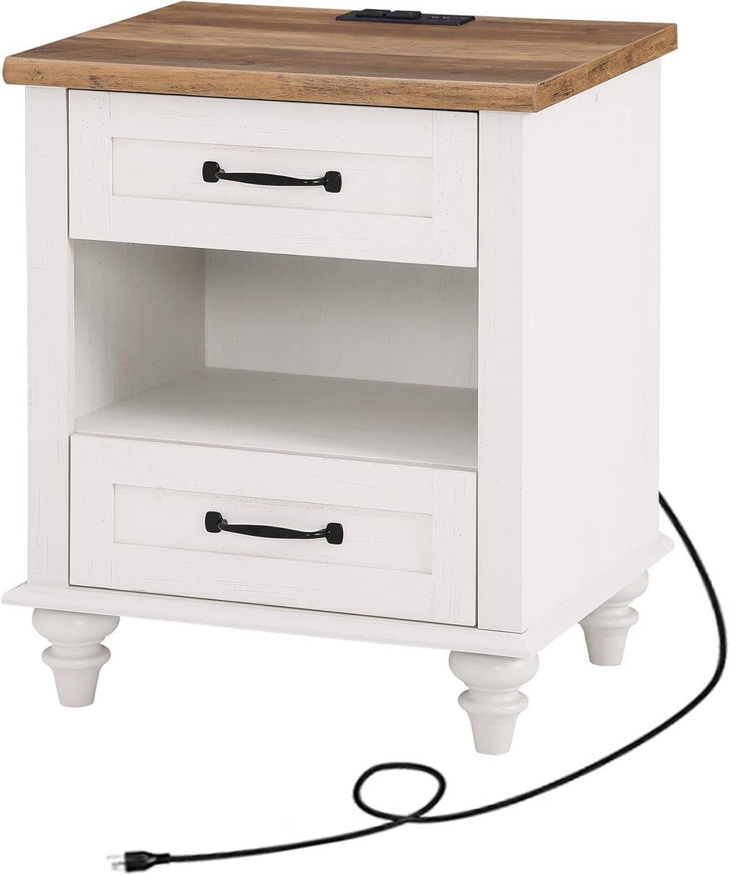 WAMPAT Off White Nightstand with 2 Drawers, Wooden End Table with Charging Station, Mid Century Modern Side Table Bedside Table for Bedroom & Living Room, 20 Inch