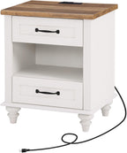 WAMPAT Off White Nightstand with 2 Drawers, Wooden End Table with Charging Station, Mid Century Modern Side Table Bedside Table for Bedroom & Living Room, 20 Inch