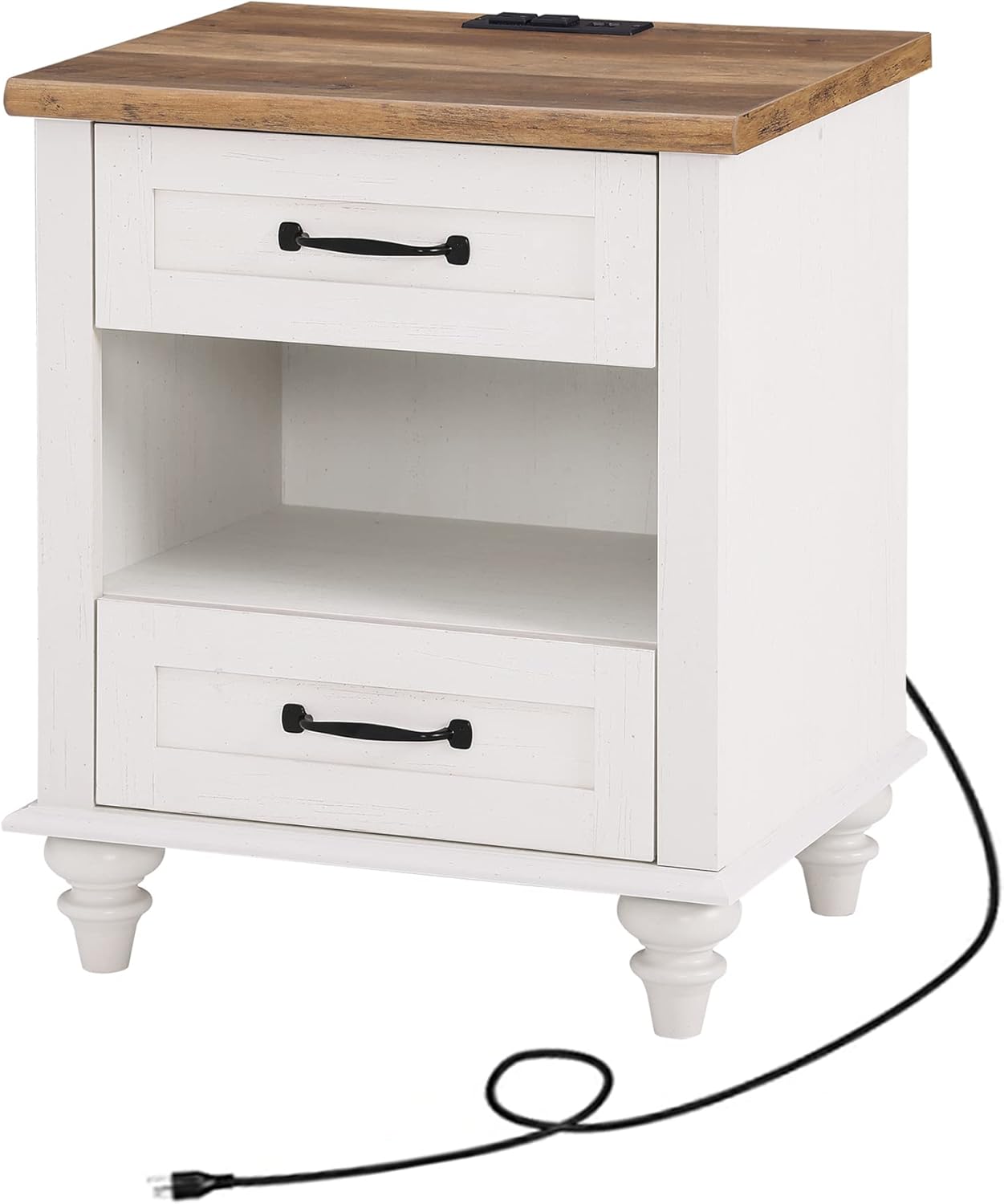 WAMPAT Off White Nightstand with 2 Drawers, Wooden End Table with Charging Station, Mid Century Modern Side Table Bedside Table for Bedroom & Living Room, 20 Inch