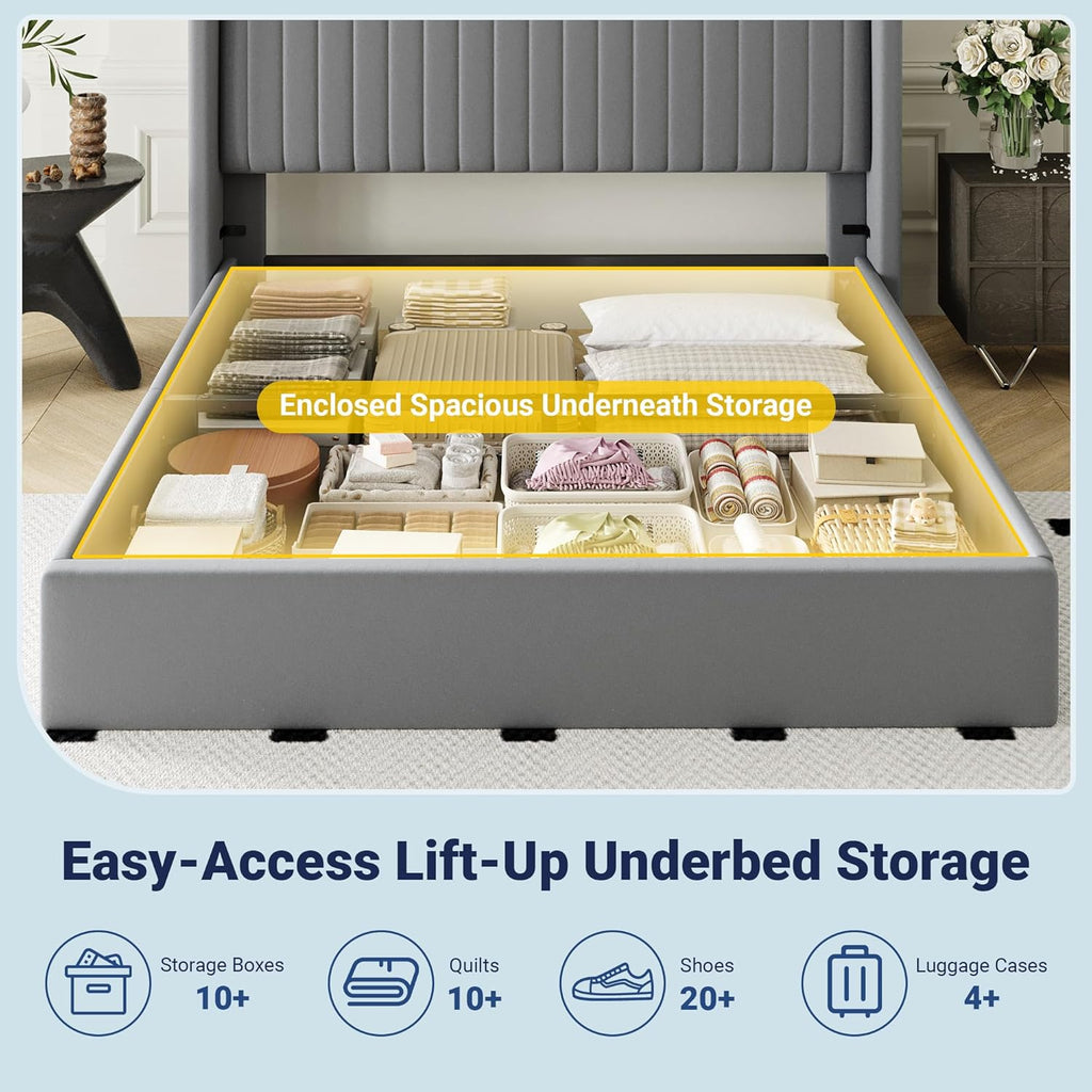 Allewie Queen Size Lift Up Storage Bed Frame, Hydraulic Support System, Upholstered Platform Bed Frame, Underneath Storage, Vertical Channel Tufted Headboard with Wingback, No Box Spring Needed, Grey