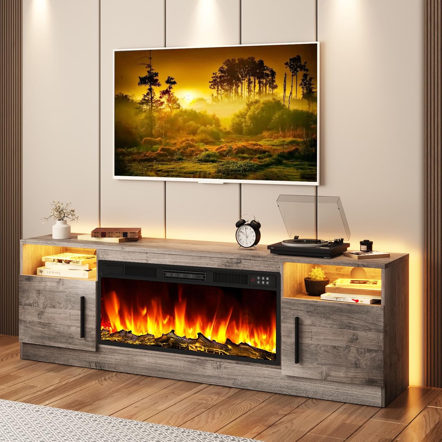 Tavata Fireplace TV Stand Entertainment Center with 36" Fireplace, 70" Wooden TV Console for TVs Up to 80", Modern TV Stands for Living Room with High Gloss Storage Cabinet and LED Lights (Grey)